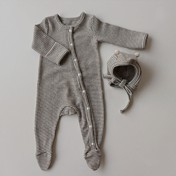 Unisex Long Sleeve Striped Cotton Romper w/ matching Hat Outfit