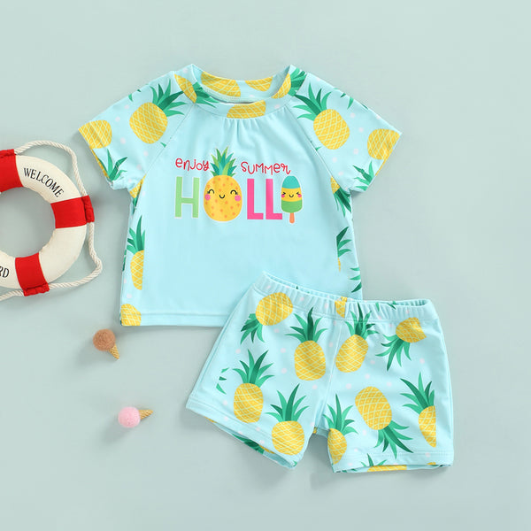 Pineapple Print Short Sleeve T-Shirt and Swim Trunk